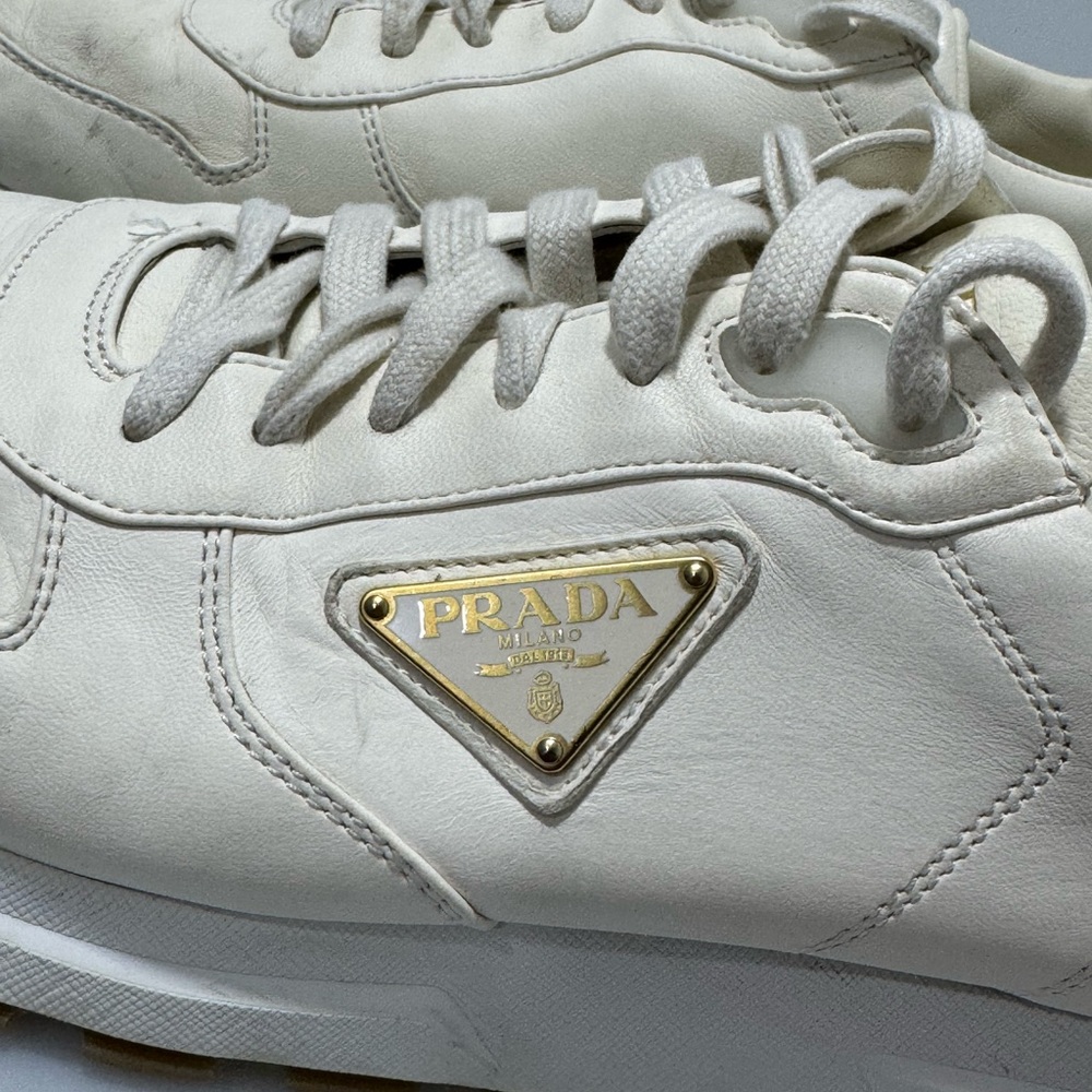 Prada Triangle-Logo Leather Sneakers White Gold Men’s Size 10 - Picture 3 of 9